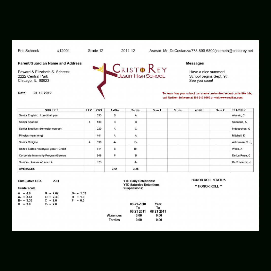 Report Card Template College Cristo Rey High School 4Web intended for Fake College Report Card Template